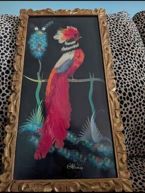 Large Vintage Real Bird Feathers Painting! Hand Carved Gold Frame With Glass!